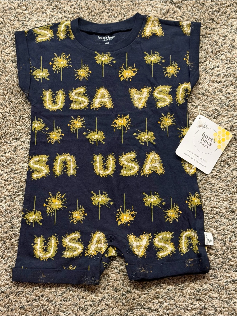 Burt's Bees Baby Navy and Yellow USA Firework Print One-Piece Romper